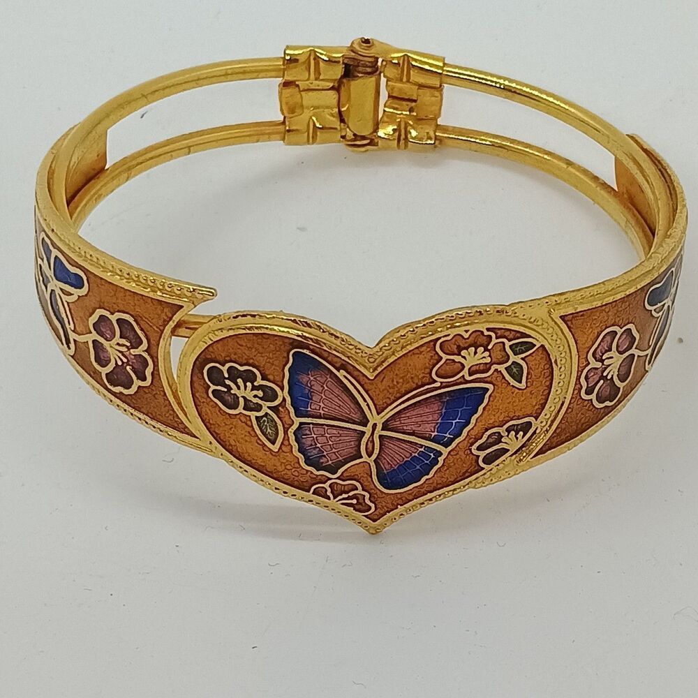 Vtg Cloisonné Enamel Floral Heart Butterfly Hinged Bangle Bracelet Gold Tone
